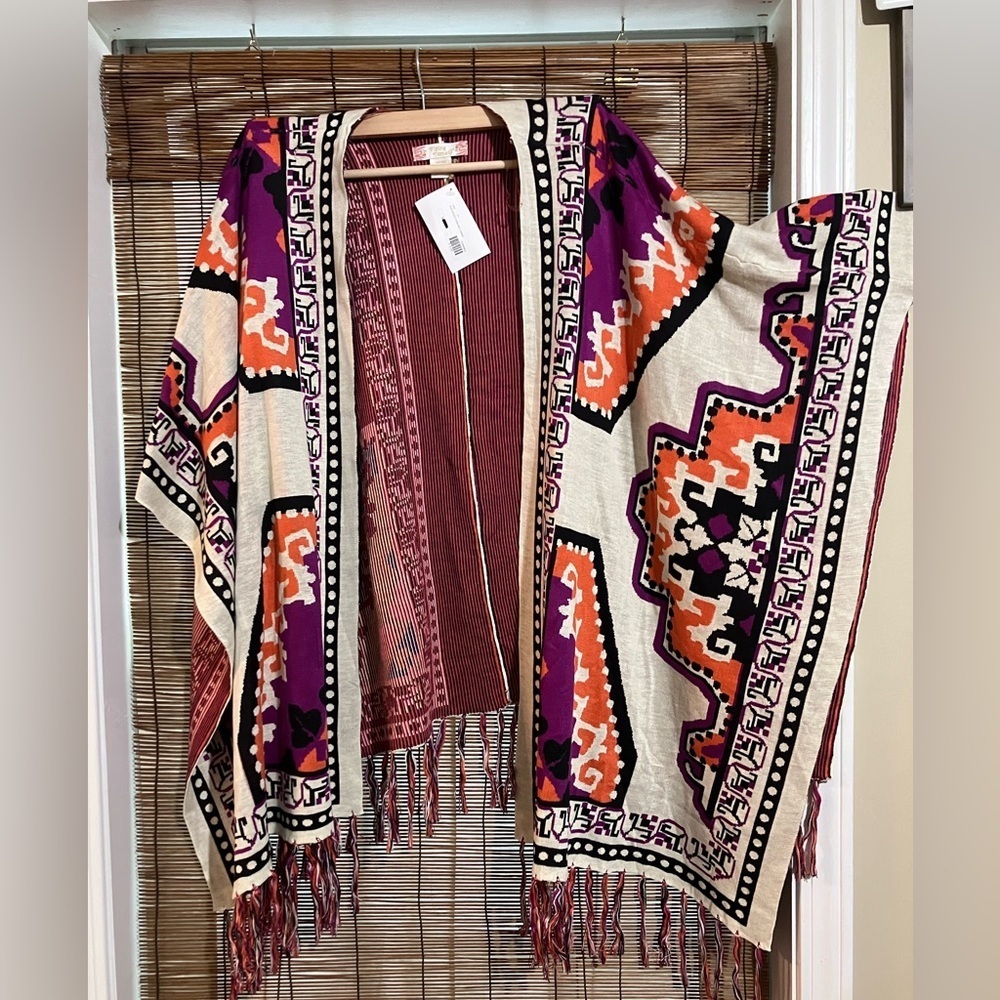Flying Tomato Multicolor Aztec Knit Poncho - Purple, Orange, Cream, Black